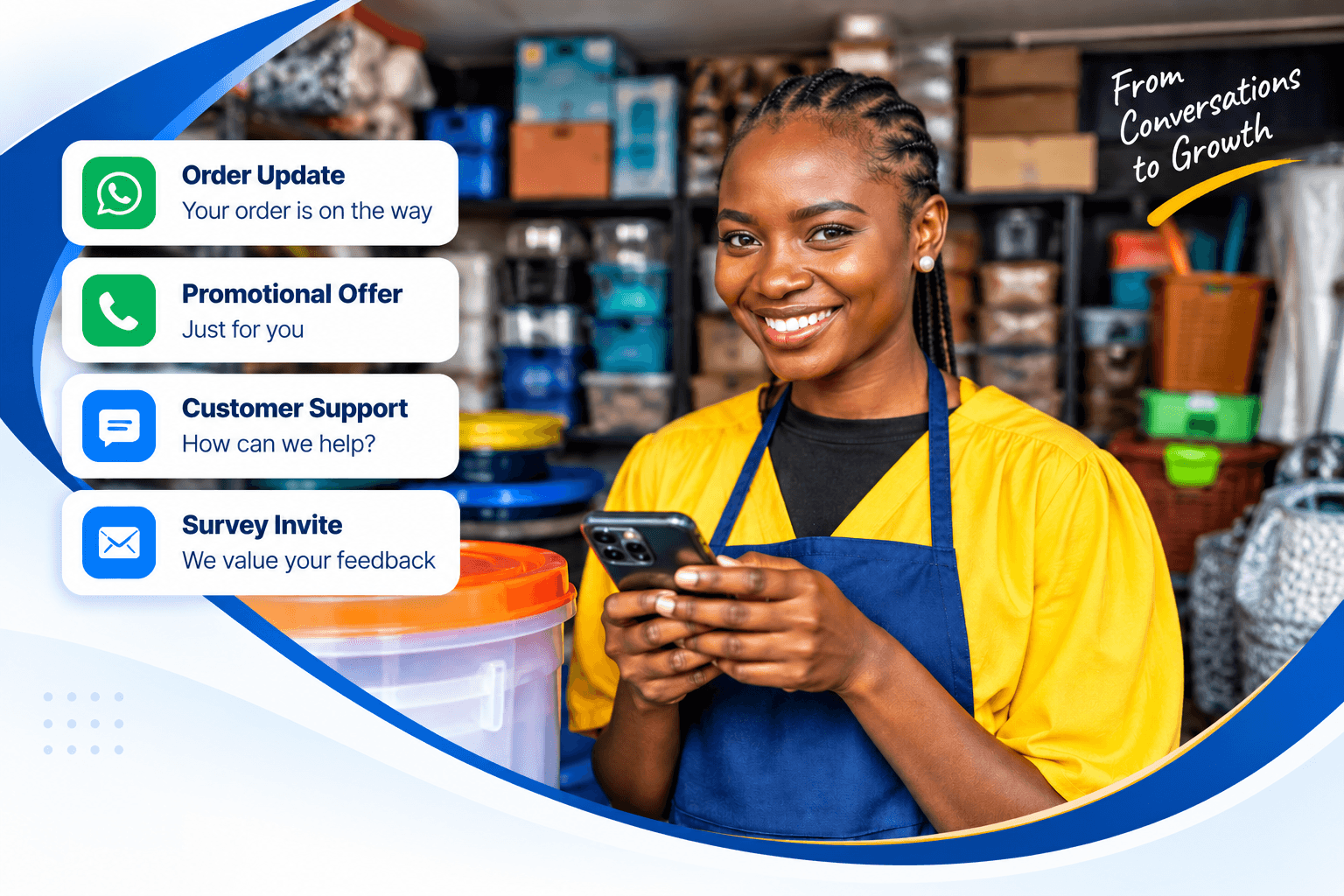Customer engagement tools in kenya business woman using mobination voice messages whatsapp communication for business bulk sms monichannel platform in kenya